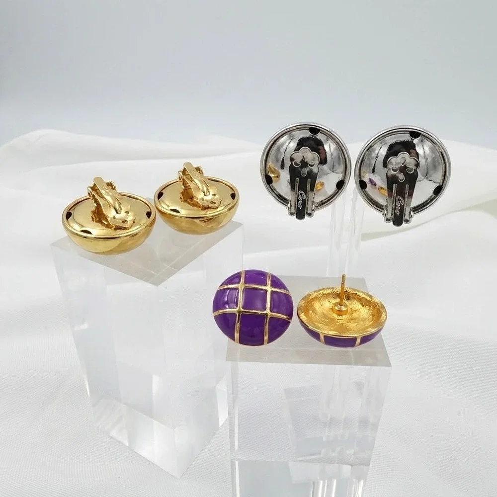 VTG Mod Half Ball Dome Earrings Lot Gold Silver Tone Purple Unmarked and Coro